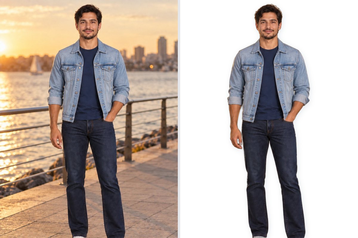 Low-resolution product photo before and after AI upscaling